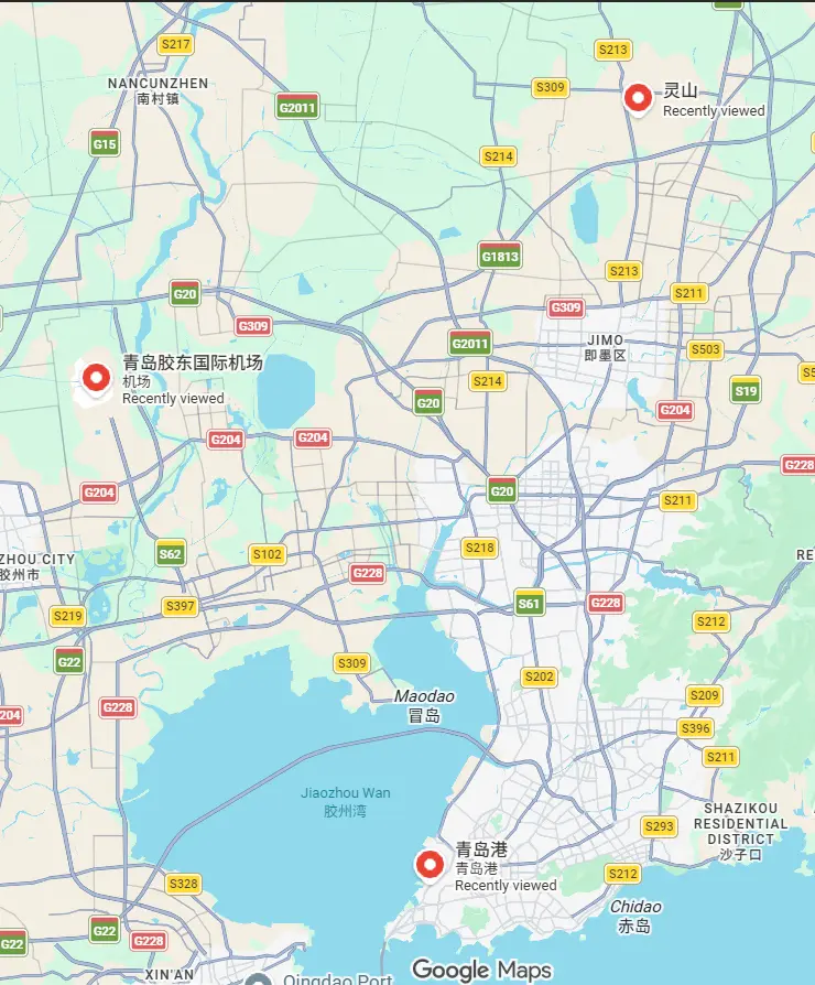 Mapa logístico da fábrica da Hongkun, do aeroporto e do porto em Qingdao