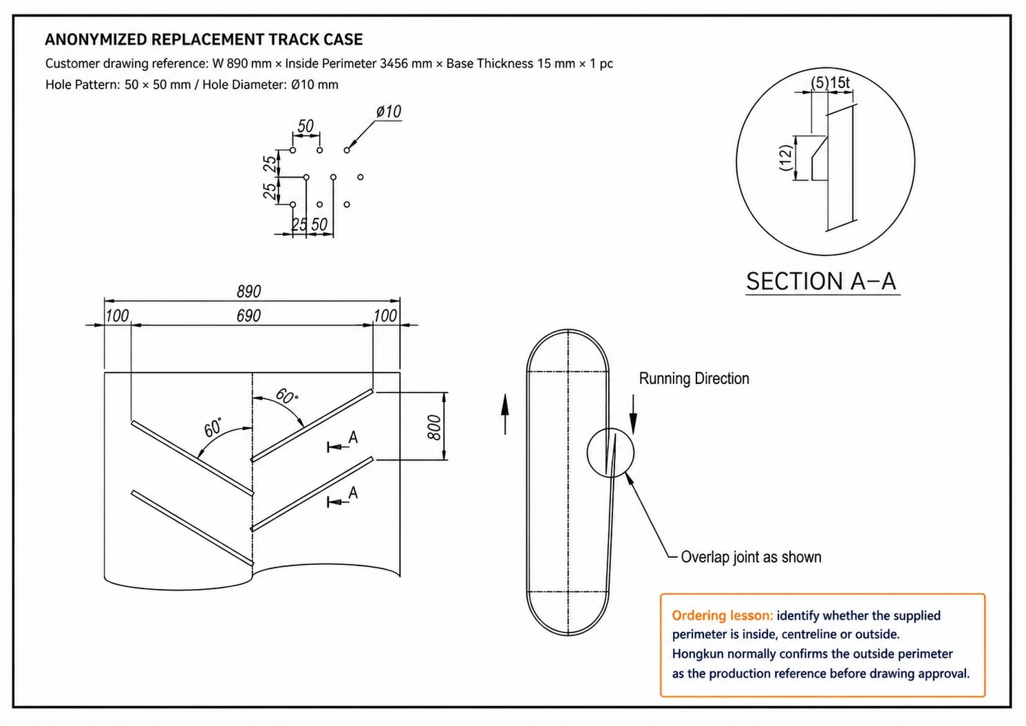 Anonymized replacement tumble blast rubber track drawing with width, inside perimeter, hole pattern and 800 mm chevron rib pitch