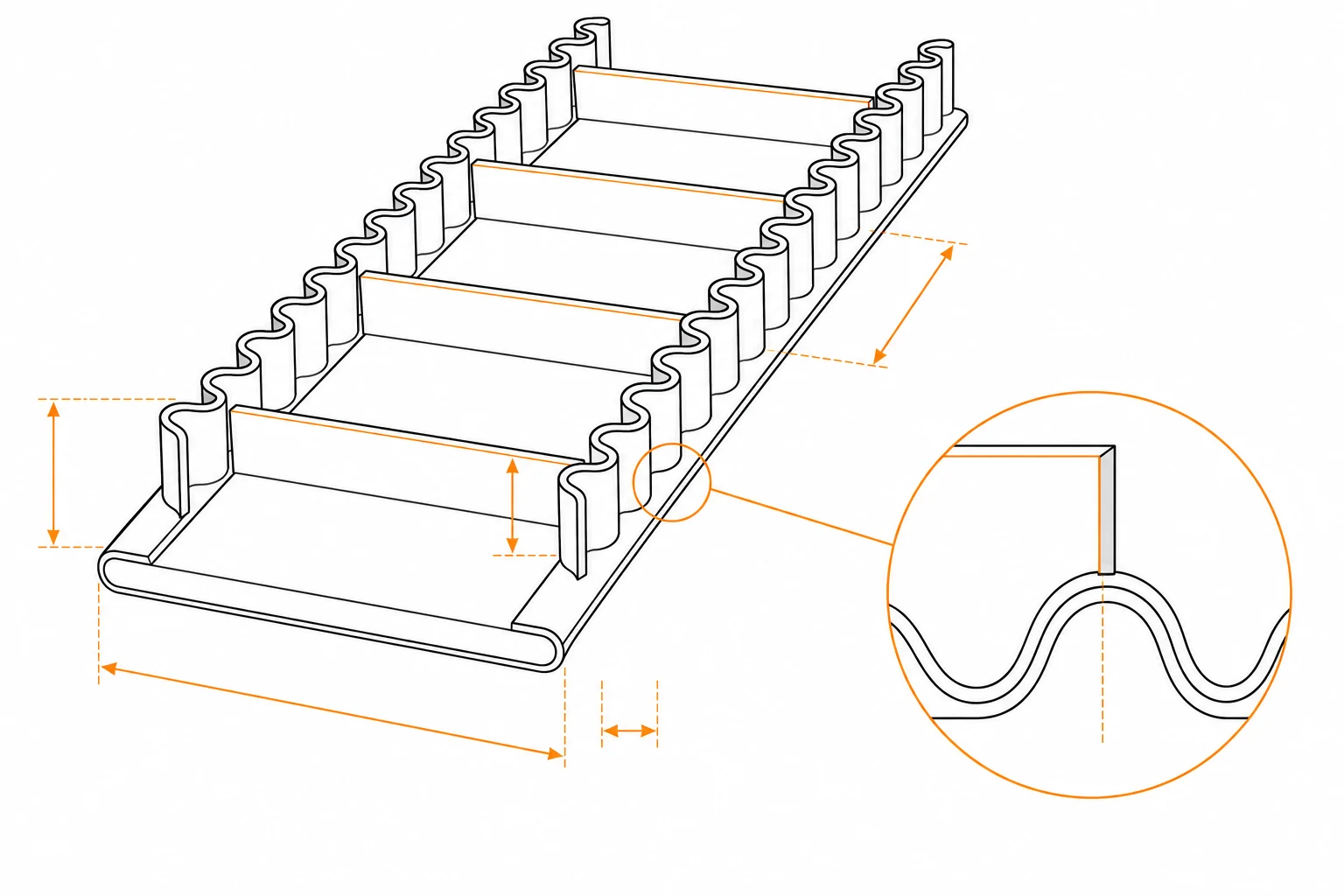 Technical line drawing showing corrugated sidewall belt width sidewall height cleat height pitch and wave spacing