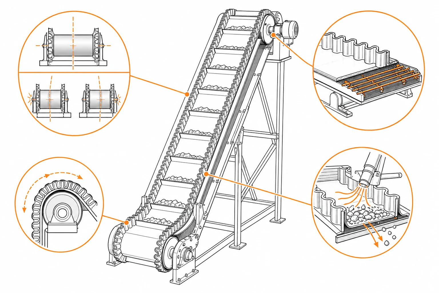 Line drawing showing sidewall conveyor tracking transverse reinforcement pulley flexing and return support