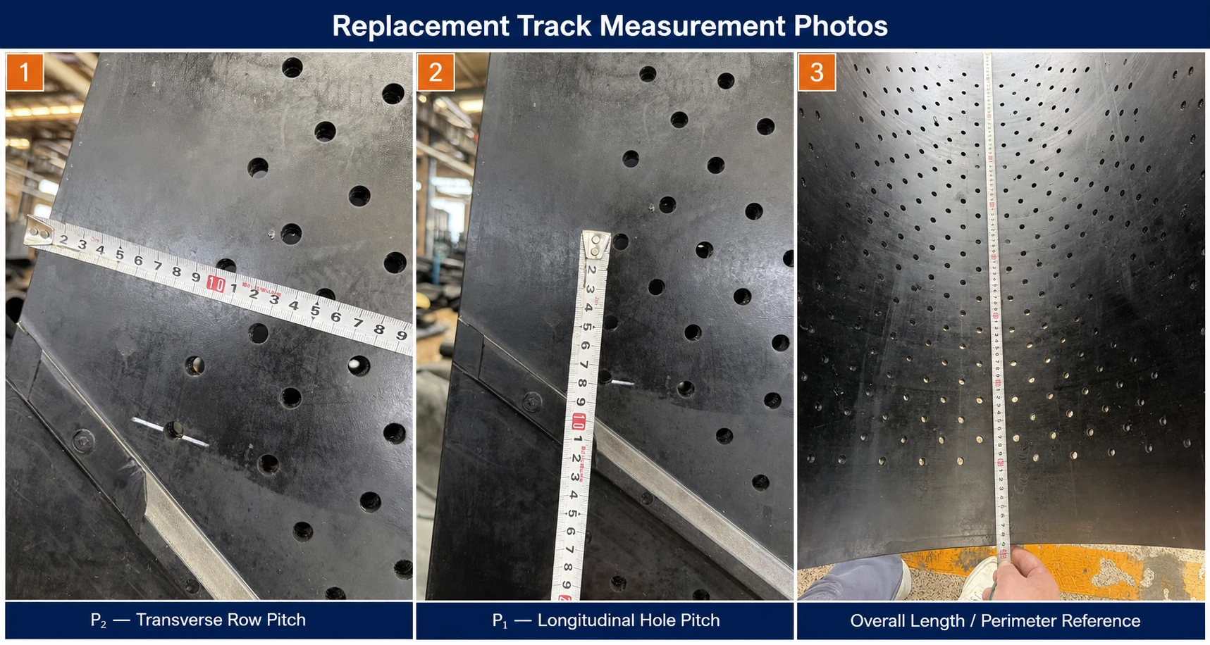 Replacement tumble blast rubber track measurement photos showing transverse pitch, longitudinal pitch and length reference