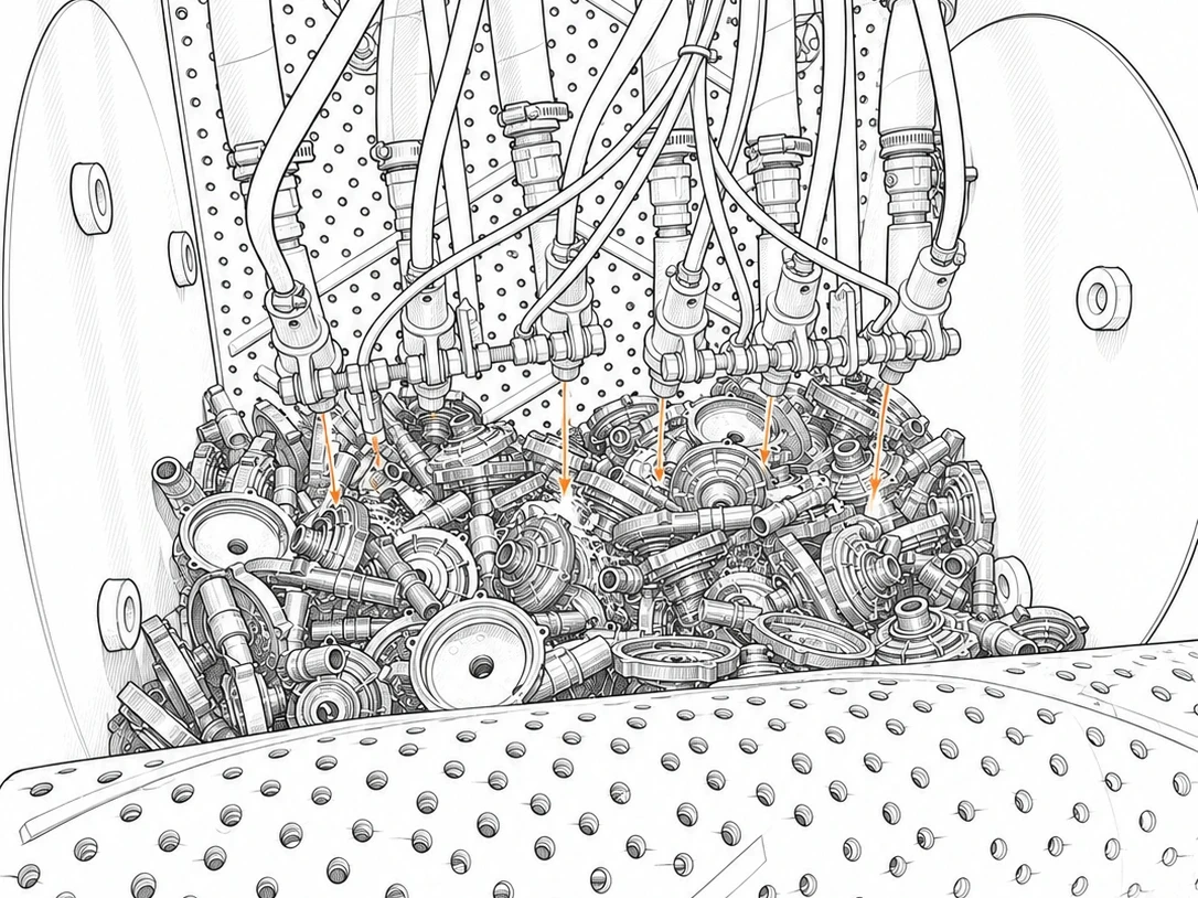 Horizontal black-and-white line drawing based on a real shot blasting machine interior, showing blast nozzles, workpieces, hoses, and a perforated rubber track