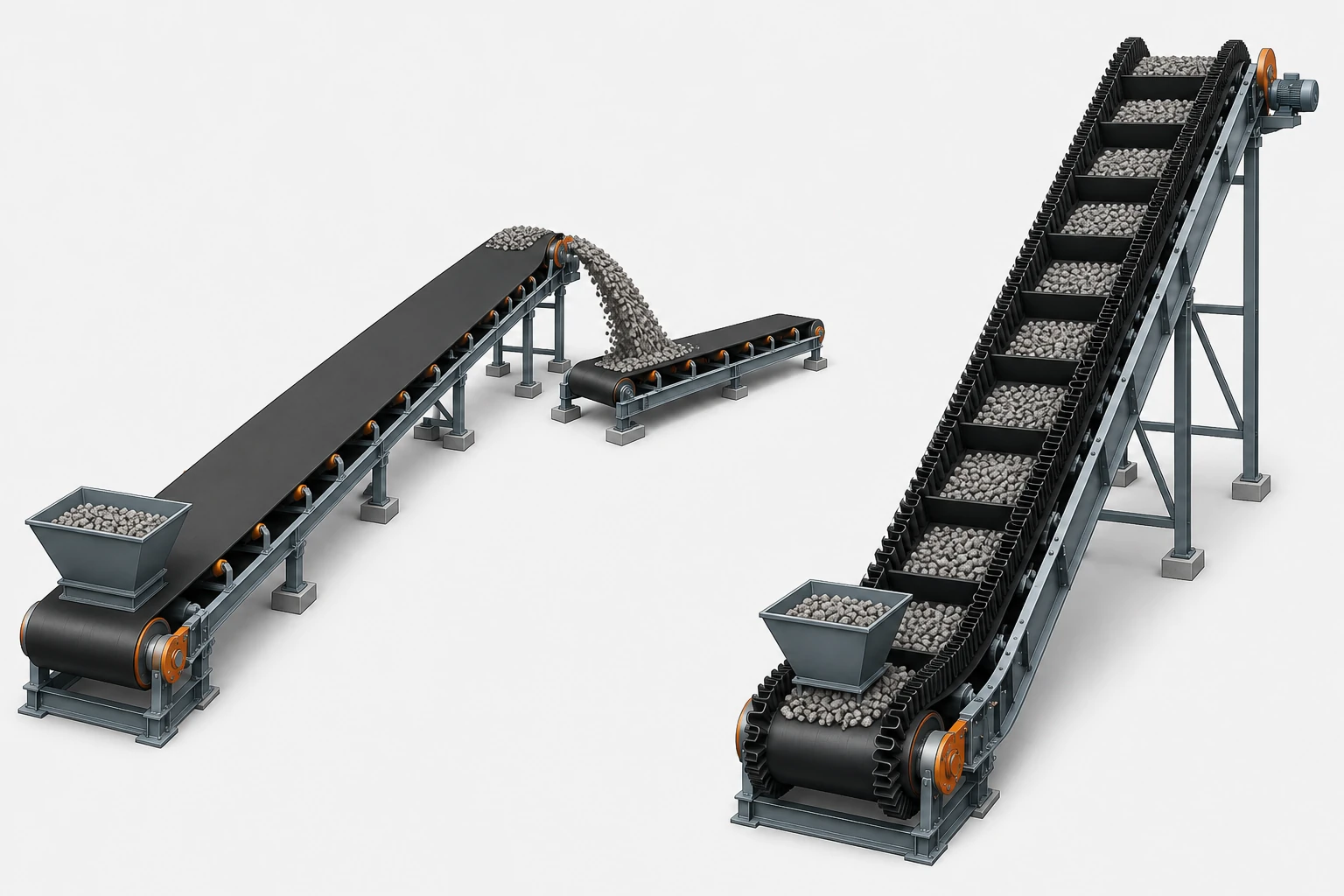 Flat conveyor layout compared with a steep incline corrugated sidewall conveyor belt system.