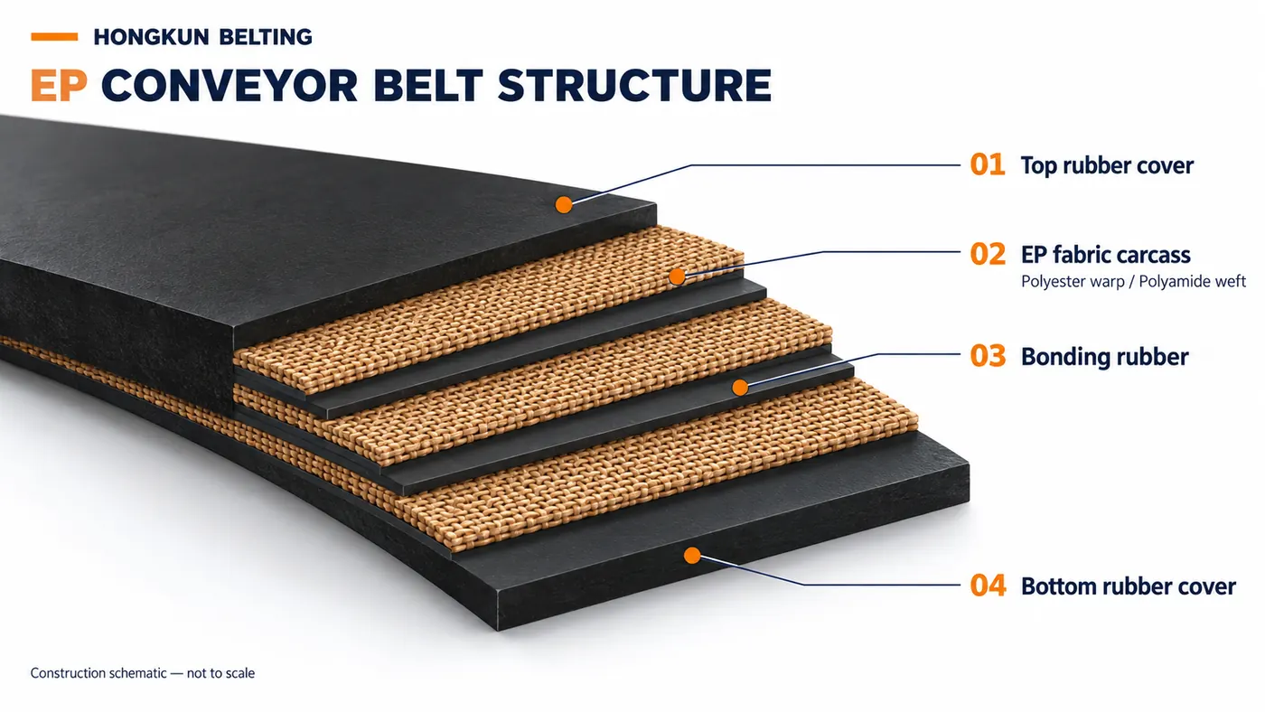 EP conveyor belt cutaway showing top and bottom rubber covers, EP fabric plies, and bonding rubber